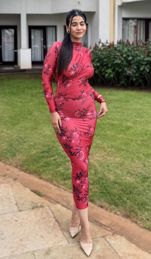 rooshy red print fullsleeves bodycon dress