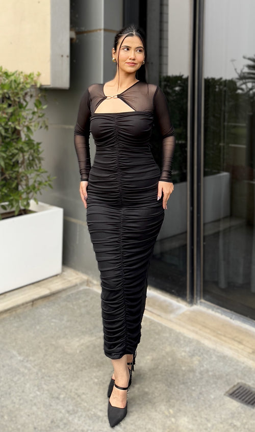 Rooshy modest black ruched dress