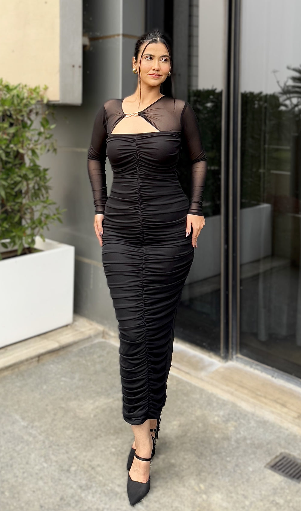 Rooshy black mesh sleees bodycon dress