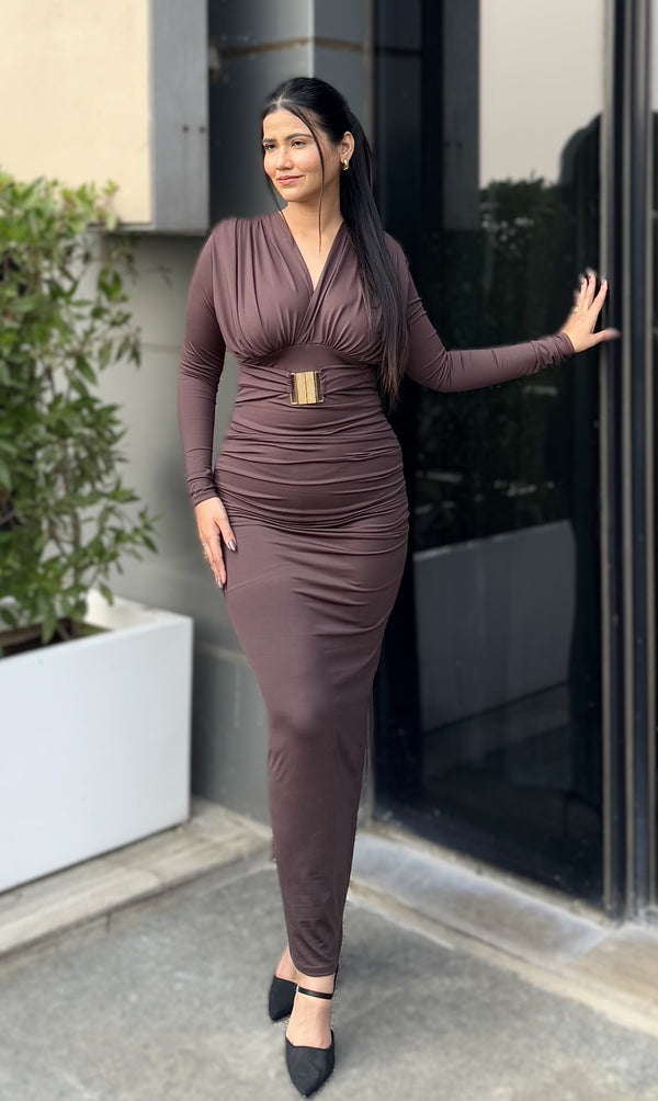 Rooshy brown darted golden brooch bodycon dress