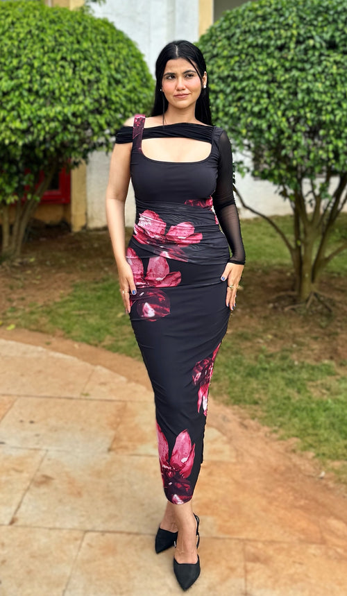 Rooshy mesh sleeve bodycon dress
