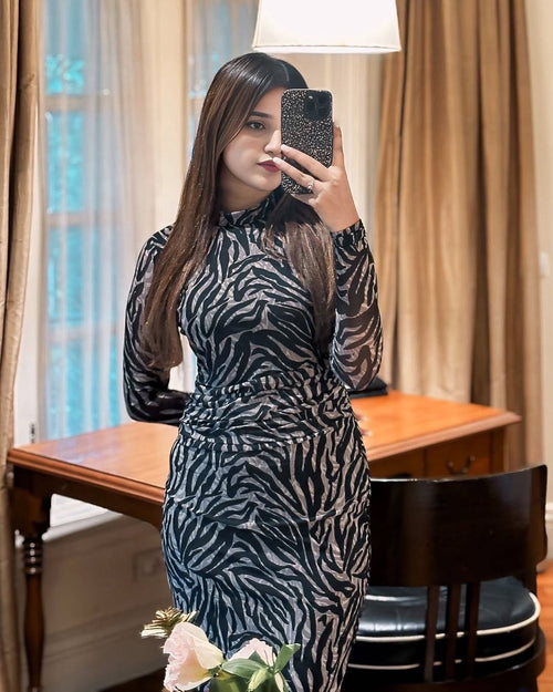 Animal Print High Neck Net Dress