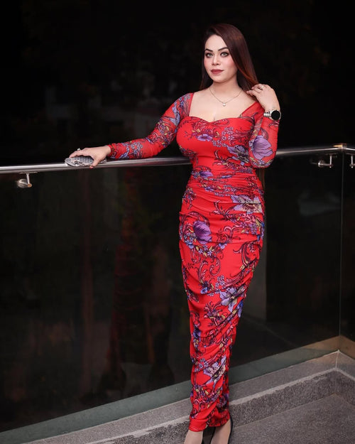 Love Me Red Net Ruched Bodycon Dress