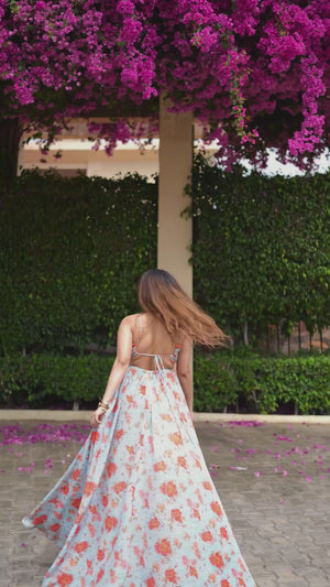 Rooshy backless floral print cross over straps premium pleated gown for women
