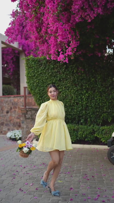 Rooshy butter yellow double lined cotton puff sleeves frock dress
