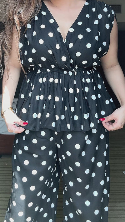 Rooshy polka dots black solid V neck tops for women