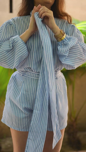 Rooshy bow tie neck basic puff sleeves blue stripes shirt for everyday office wear for women