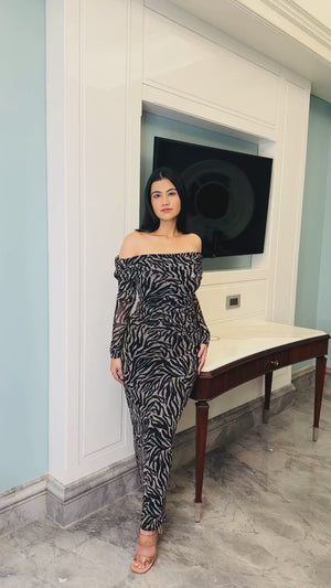 Animal Print Off Shoulder Net Dress