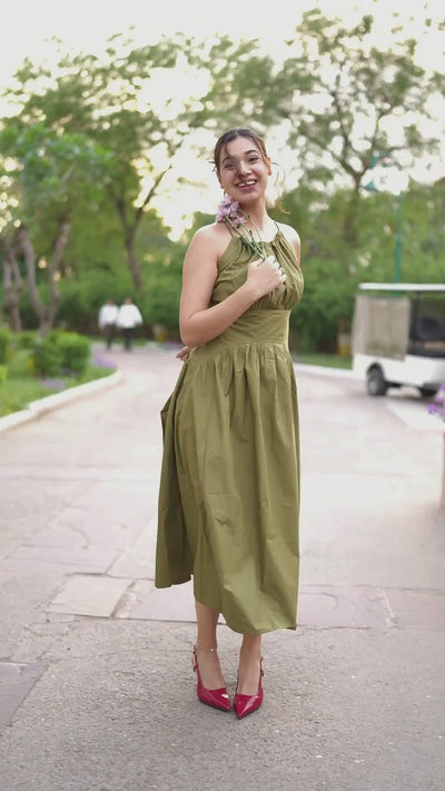 Rooshy green cotton everyday casual cotton flared dress