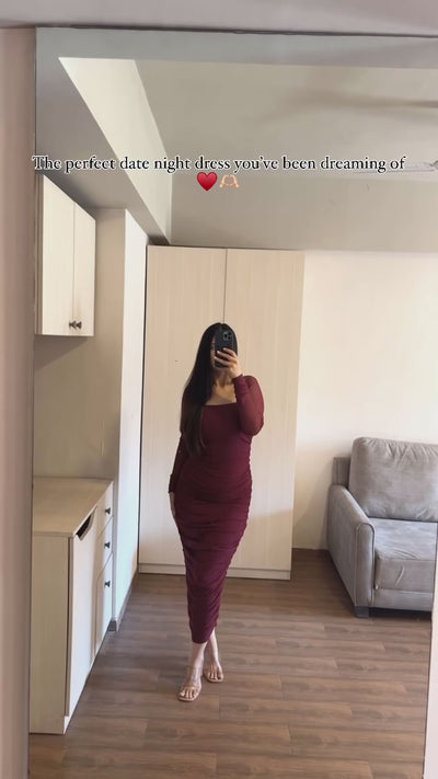 rooshy maroon ruched eve dress video