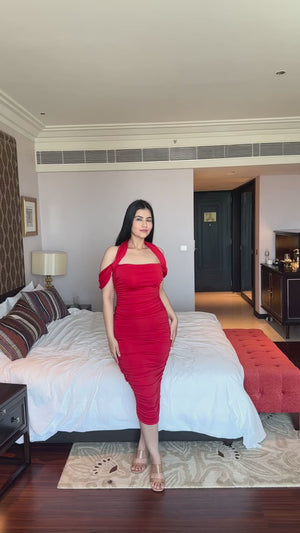 rooshy fine red ruched bodycon