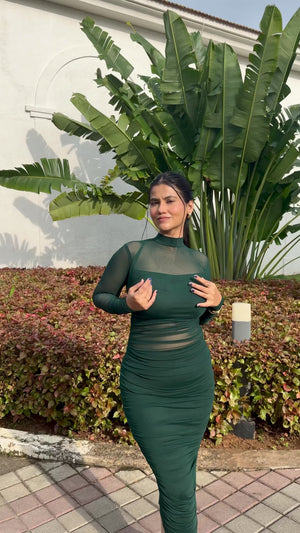 Rooshy mesh sleeves highneck bodycon dress