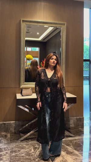 Elise Shadow Lace Top - black lace top on model, video