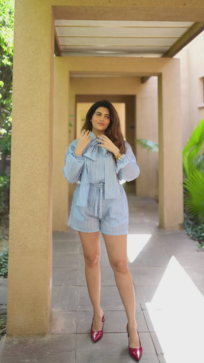 Rooshy bow tie necj staple stripes shirt for everyday office wear shirt with high waist flared shorts with belt