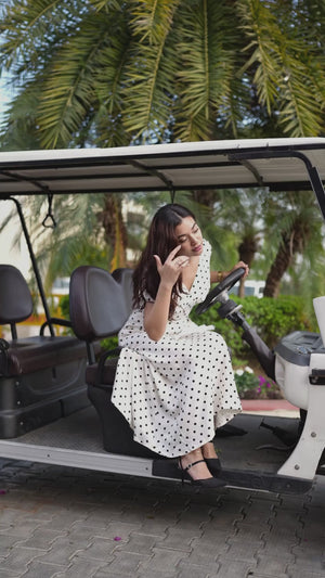 Rooshy off white polka dot V neck belt premium dress for women