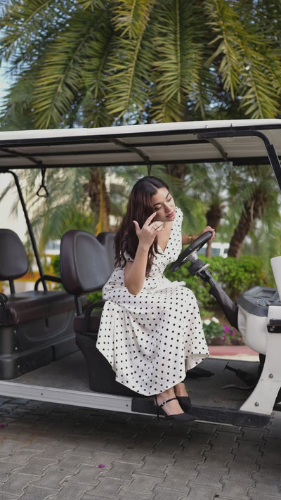 Rooshy off white polka dot V neck belt premium dress for women
