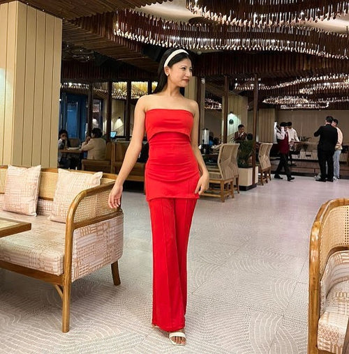 Red Wrap Top With Pant Set