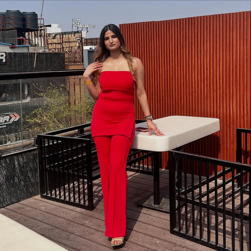 Red Wrap Top With Pant Set