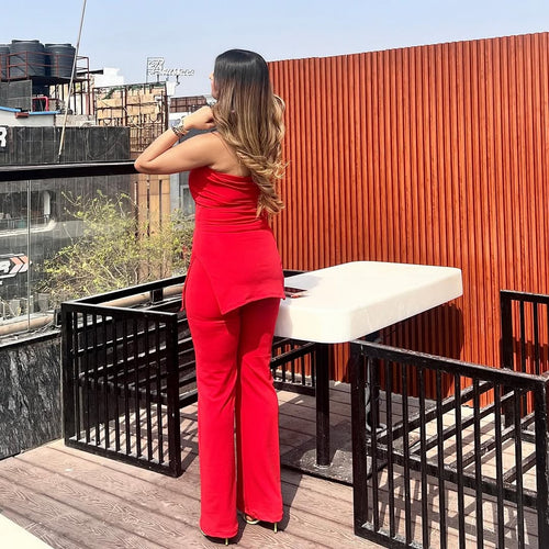 Red Wrap Top With Pant Set